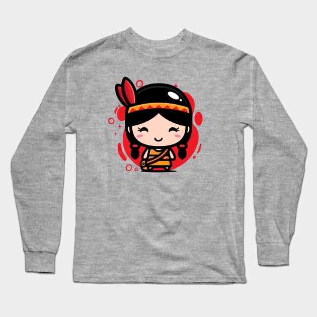 Cute Kawaii Native American Girl // Chibi Style Native American Long Sleeve T-Shirt by SLAG_Creative